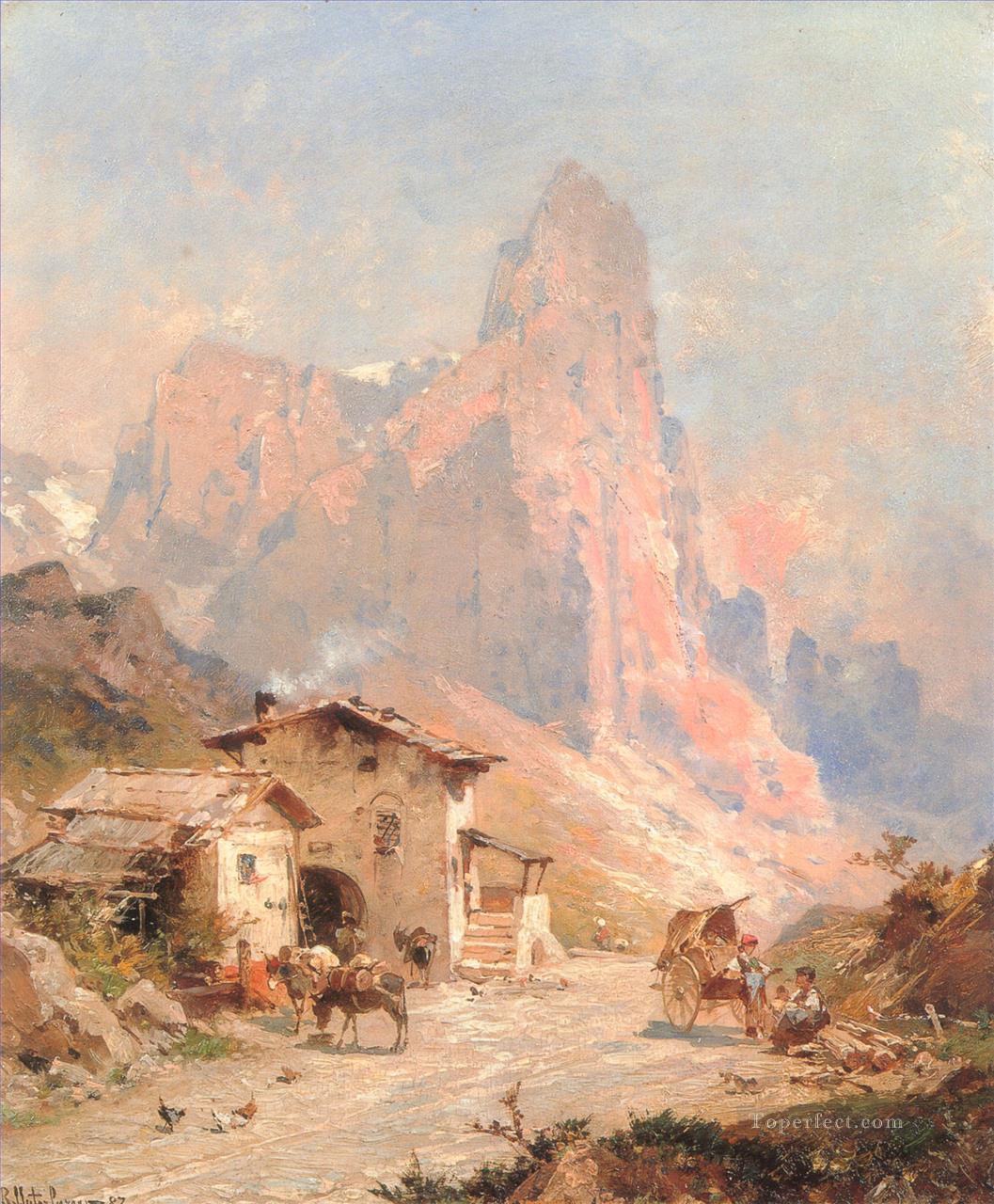Figures in A Village in the Dolomites scenery Franz Richard Unterberger Oil Paintings